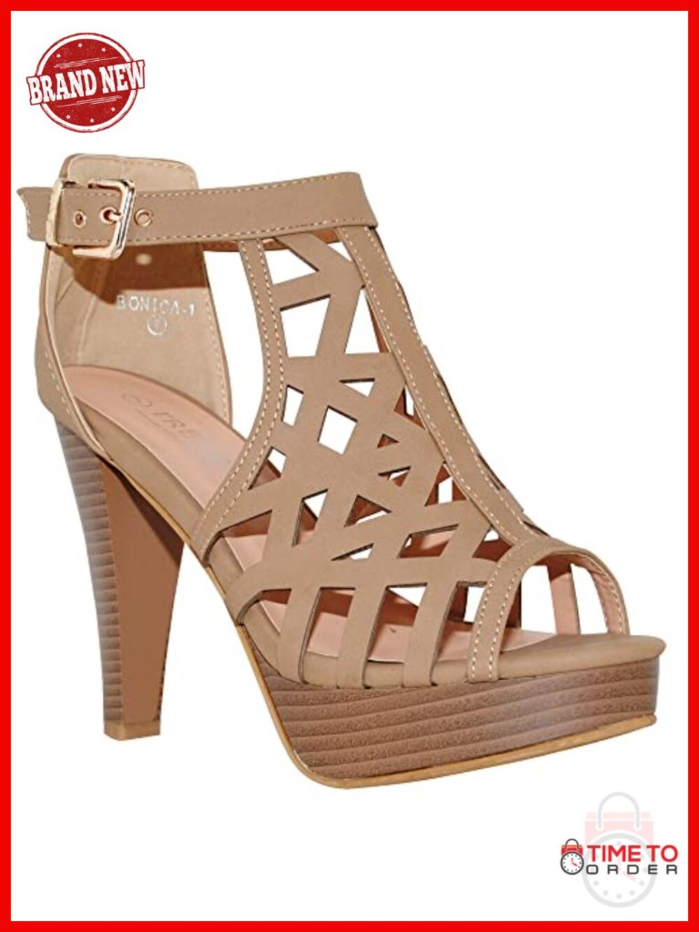 Open Toe Ankle Strap Heeled Sandal Laser Cut Out Chunky Wooden Heel Platform